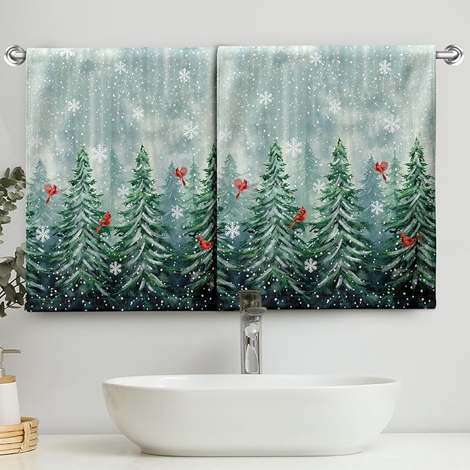 Winter Forest Hand Towels for Bathroom Pine Tree Cardinal Kitchen Towel Snowflakes Home Decor Dish Towels Farmhouse Soft Absorbent for Holiday Xmas Kitchen