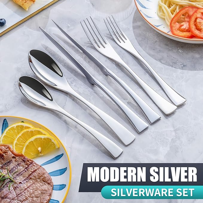 24 Pieces Silverware Set with Steak Knives Service for 4,Modern 18/10 Stainless Steel Flatware Cutlery Set,Utensil Set for Home Restaurant Hotel,Mirror Polished,Dishwasher Safe