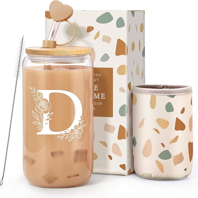 Personalized Gifts for Women, Monogrammed Gifts for Women, Initial 16 oz Glass Cups With Lids and Straws, Customized Mug, Personalized Birthday Gifts Christmas Gifts for Her Mom Friend Woman, D