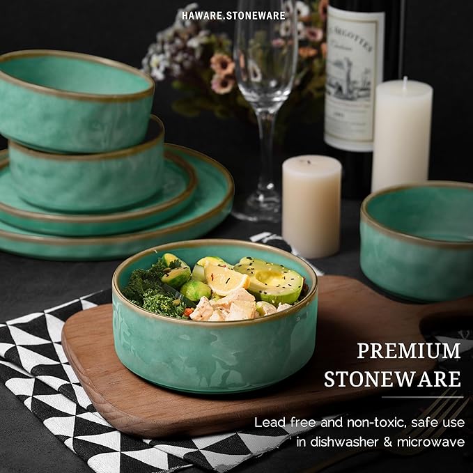 HaWare Dinnerware Sets, 16-Piece Stoneware Plates and Bowls Set, Elegant Ceramic Dish Set for 4, Chip and Scratch Resistant, Microwave and Dishwasher Safe, Reactive Green