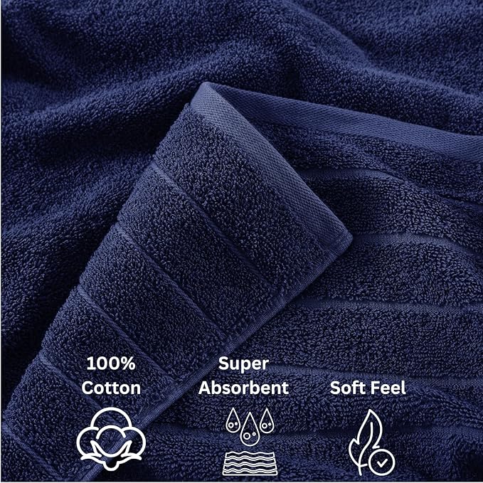 Casa Platino 100% Cotton Luxury Bath Towel Set - 18 Pieces - Ring Spun, Super Soft & Highly Absorbent - 6 Bath, 6 Washcloths, 6 Hand Towels for Bathroom - Holds Well After Multiple Washes - Navy Blue