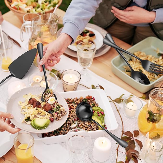 A · HOUSEWAR Black Flatware Serving Set 7 Piece Stainless Steel Catering Utensils include Soup Ladle Large Slotted Spoon Big Server Fork12” Cake Knife Pizza Spatula Parties Buffet