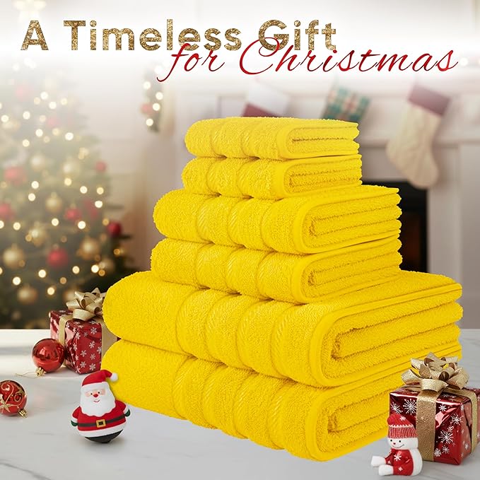 American Soft Linen Luxury 6 Piece Towel Set, 2 Bath Towels 2 Hand Towel 2 Washcloths, 600 GSM 100% Cotton Turkish Towels for Bathroom, Yellow Towel Sets