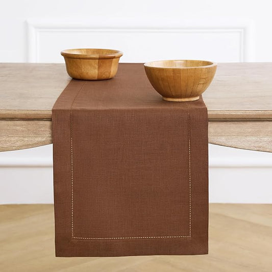 Solino Home Linen Brown Table Runner 108 Inches Long - 100% Pure Linen 14 x 108 Inch Table Runner - Classic Hemstitch