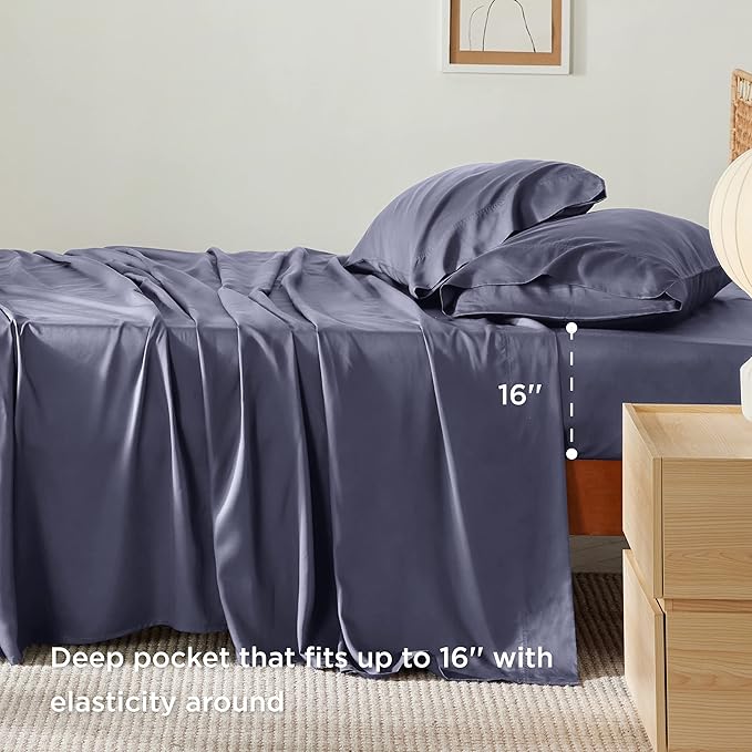 Bedsure Cooling Sheets for Full Size Bed, Viscose Derived from Bamboo, Deep Pocket up to 16", Breathable Soft Bed Sheets & Pillowcases, Dark Grey