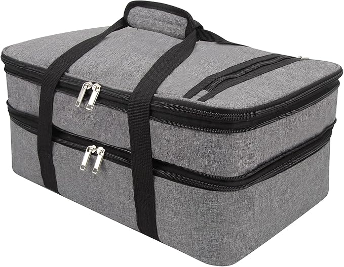 Lestyn Insulated Casserole Carrier Bag - Double Decker Portable Lunch Transport Tote Bag Fits 9"x13" Lasagna Baking Dish to Keep Food Hot/Cold for Gathering/Potluck Parties/Cookouts/Picnics -Gray