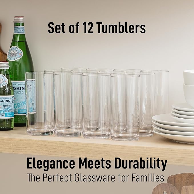 Zulay Kitchen Acrylic Glasses Drinkware - 12 Piece Unbreakable Plastic Tumblers - BPA-Free, Reusable Plastic Drinking Glasses for Home & Outdoors - Stackable, Lead-Free & Dishwasher Safe - (16 oz)