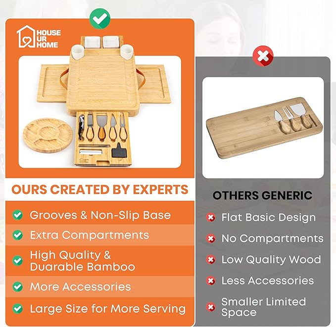 Large Bamboo Charcuterie Board Gift Set – 4 Hidden Drawers, Cheese Knives, Ceramic Bowls & Plates – Perfect Christmas, Holiday, or Housewarming Gift