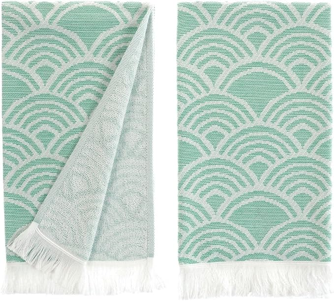 sea me at home Turkish Hand Towels for Bathroom, Kitchen Towels Decorative Set of 2, Luxury Turkish Cotton Dish Tea Towels 14 x 30 Inches for Modern, Boho, and Farmhouse Decor (Green Waves)