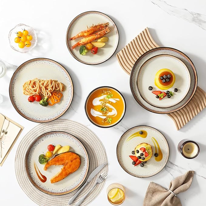 vancasso Plates and Bowls Sets, 24 Pieces Stoneware Dinnerware Sets for 8, Kitchen Dish Set Mircowave and Dishwasher Safe Ceramic Dishware, Light Cream, Series AMBER