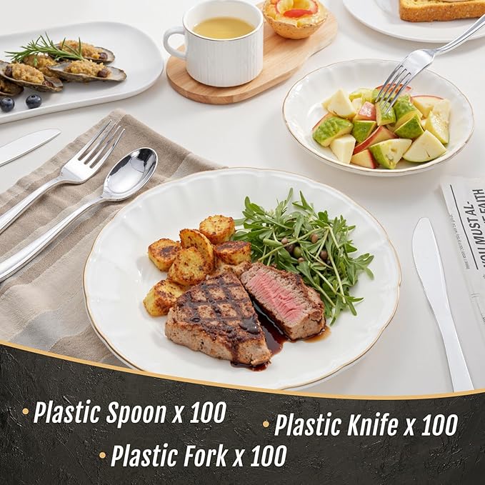 WDF 300 Pieces Silver Plastic Silverware - Plastic Silverware Heavy Duty - 100 Forks 100 Knives 100 Spoons - Disposable Silver Cutlery Perfect for Party/Wedding/Christmas