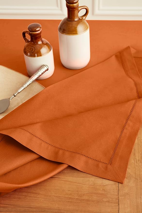 Solino Home Pumpkin Tablecloth 58 x 120 Inch - Cotton Linen Hemstitch Rectangular Tablecloth - Machine Washable Table Cloth for Holiday