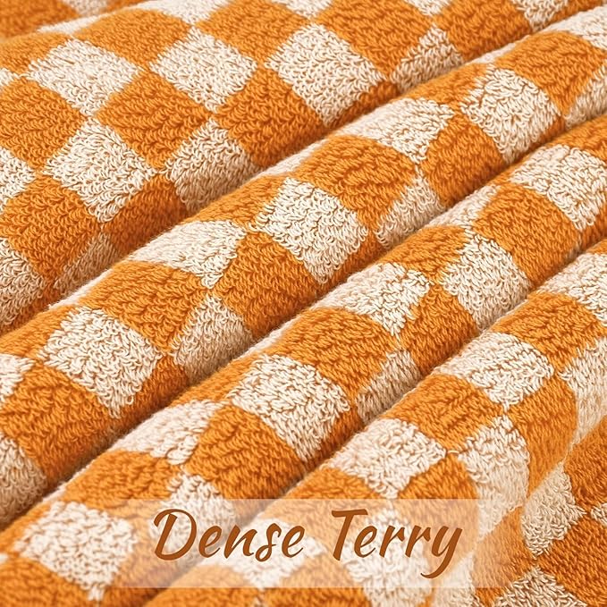 Jacquotha Orange Shower Towels for Bathroom Set of 2, Cotton Bath Towel Drying Body Hand Face Luxury 480 GSM Medium Thickness (Checkered), Fall Decor