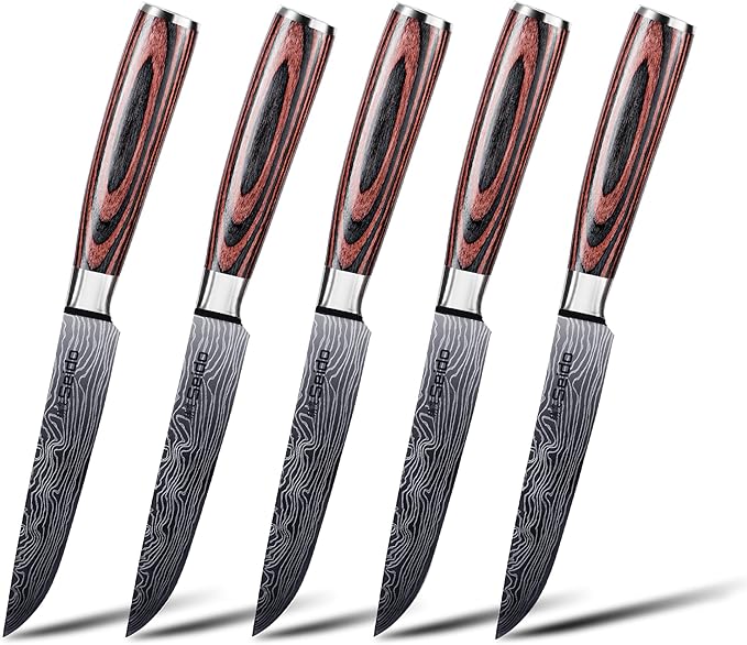 Seido Knives 5-Piece Straight-Edge Steak Knives Set - Full Tang with Ergonomic Pakkawood Handles, Stainless Steel Blades with Damascus Etching