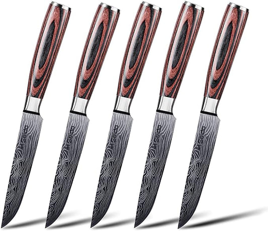Seido Knives 5-Piece Straight-Edge Steak Knives Set - Full Tang with Ergonomic Pakkawood Handles, Stainless Steel Blades with Damascus Etching