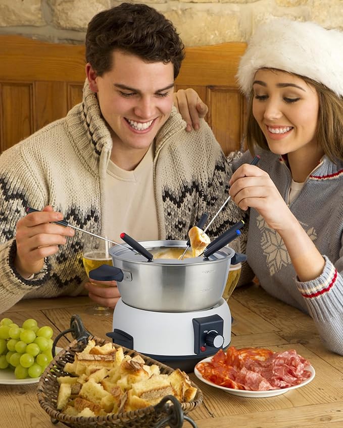 Electric Fondue Pot Set for Cheese & Chocolate - 6-Cup Stainless Steel Fondue Pot with 8 Coded Forks - 3 Mode Fondue Set Adjustable Temperature Control for Cheese, Oil and Hotpot, FD-10