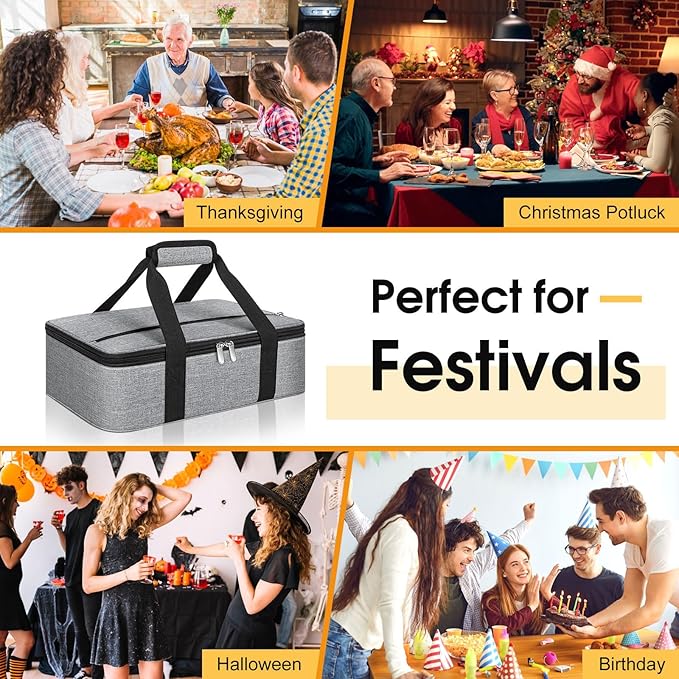 Insulated Casserole Carrier, Portable Casserole Carrier for Hot or Cold Food Lunch Tote Warmer or Cooler Bag, Lasagna Lunch Bag for Potluck Parties- Fits 9" x 13" Baking Dish-Light Gray