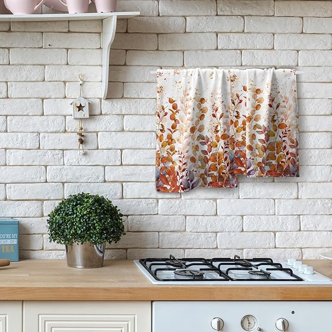 Imiss Orange Eucalyptus Hand Towel - Watercolor Autumn Plant Leaves Dish Towels Soft Absorbent Tea Towels Multipurpose for Gym,Spa,Hotel Decor，2Pcs