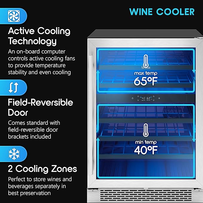 Zephyr BWN24C02AG Brisas 24 Inch Wide 46 Bottle Capacity Built-In or Freestanding Wine Cooler with Dual-Pane Door - Stainless Steel