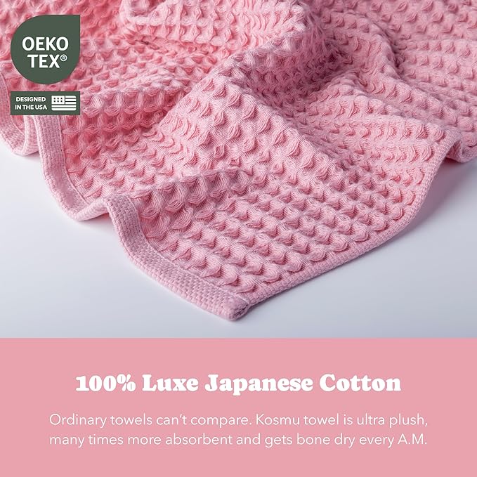 Luxury Organic Japanese Cotton Waffle Bath Towel | Thick, Absorbent, Quick Dry Bathroom Towels for Shower, Sauna, Onsen| Hotel & Spa Quality, Gift-Ready (Sakura Pink, Bath Sheet Set (3-Piece))