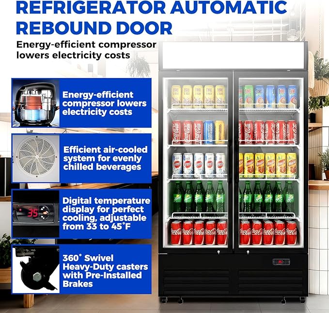 26 cu.ft Commercial Refrigerators with 2 Glass Door, Beverage Fridge with LED Light Display Upright Merchandiser, Drink Cooler with 8 Adjustable Shelves Black ETL Approved