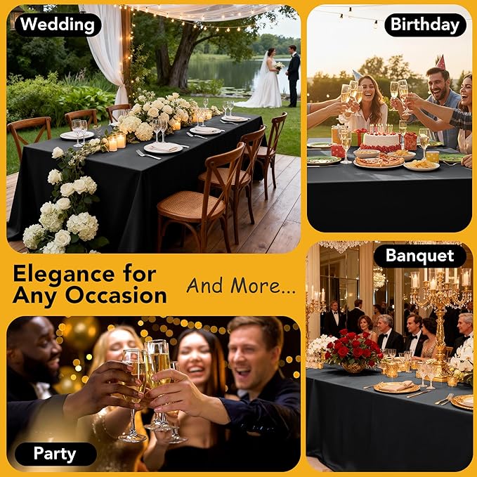 6-Pack Black Tablecloths for Square Tables, 70 x 70 Inches, Stain-Resistant Polyester Fabric for 3 Foot Tables - Washable Table Covers for Weddings, Banquets, Birthday Parties, Events