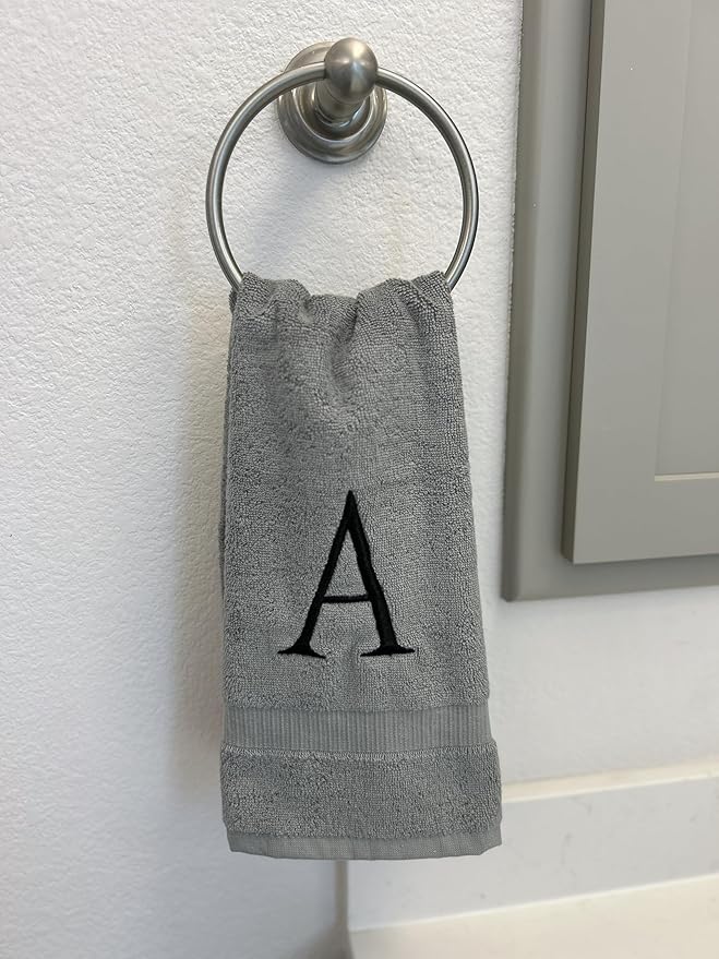 Gray Initial Hand Towel for Bathroom - Monogrammed Luxury Hotel Quality Decorative Embroidered Towel for Powder Room, Spa - GOTS Organic Certified - Set of 2 Black Letter B