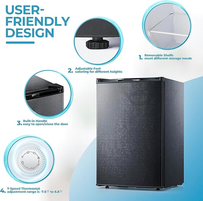 3.0 Cu.ft Upright Freezer, Small Mini Freezer with Adjustable Thermostat, Removable Shelves, Reversible Single Door, for Bedroom/Home/Dorms/Apartment, Black