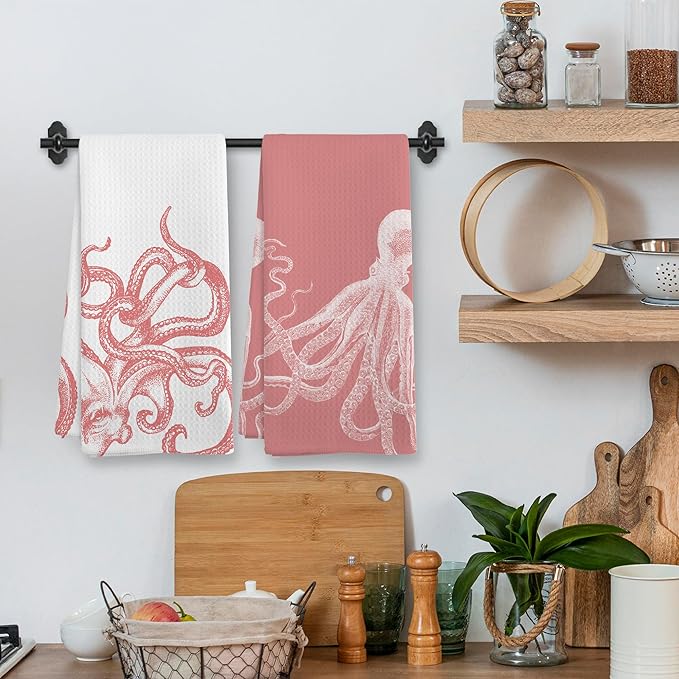 Coastal Pink Octopus Beach Decor Dish Hand Tea Towels for Bathroom Kitchen, Girly Octopus Ocean Nautical Beachy Bathroom Decor, Coastal Kitchen Towels and Dishcloths Sets of 2, 16x24 Inch
