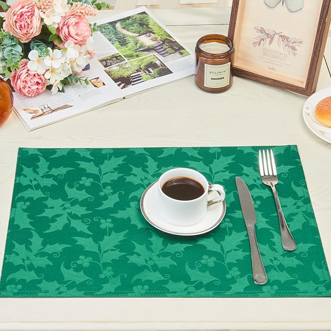 Cloth Place Mats Set of 8–Reusable Rectangular Waterproof Fabric Polyester Washable Wipeable Heat Resistant jacquard floralflowers for Kitchen Dining Dinner Wedding Table(Dark Green/13x19Inch)