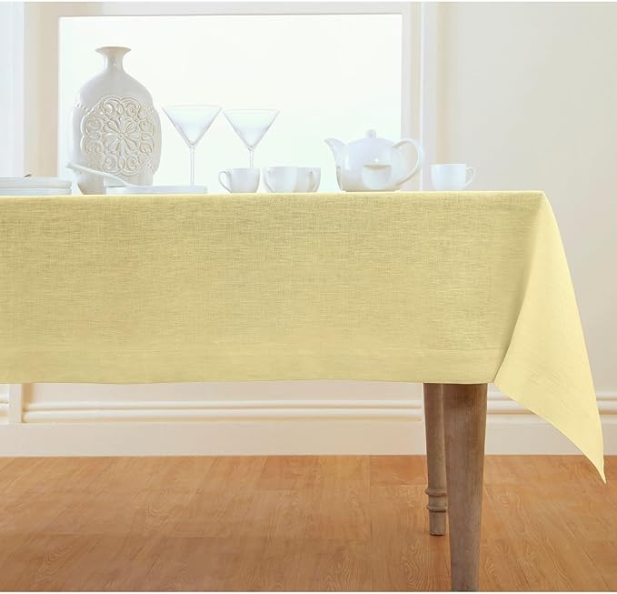 Solino Home Linen Tablecloth 60 x 90 Inch - 100% Pure Linen Chambray Yellow Table Cloth for Rectangular Tables - Athena, Machine Washable Cloth Tablecloth