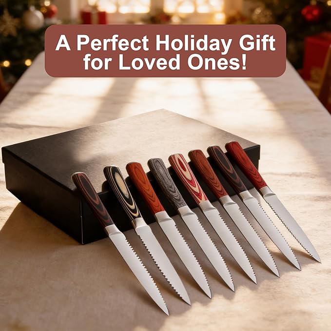 Serrated Steak Knives Set of 8, Stainless Steel Steak Knife Set with Pakkawood Handle, Fine Sharp Edge Dinner Knife with Gift Box, Steak Cutlery Set for Home Party