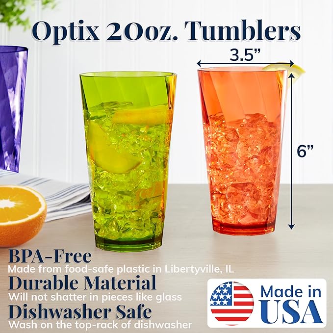 US Acrylic Optix Plastic Reusable Drinking Glasses (Set of 8) 20oz Water Cups in Jewel Tone Colors | BPA-Free Tumblers, Made in USA | Top-Rack Dishwasher Safe