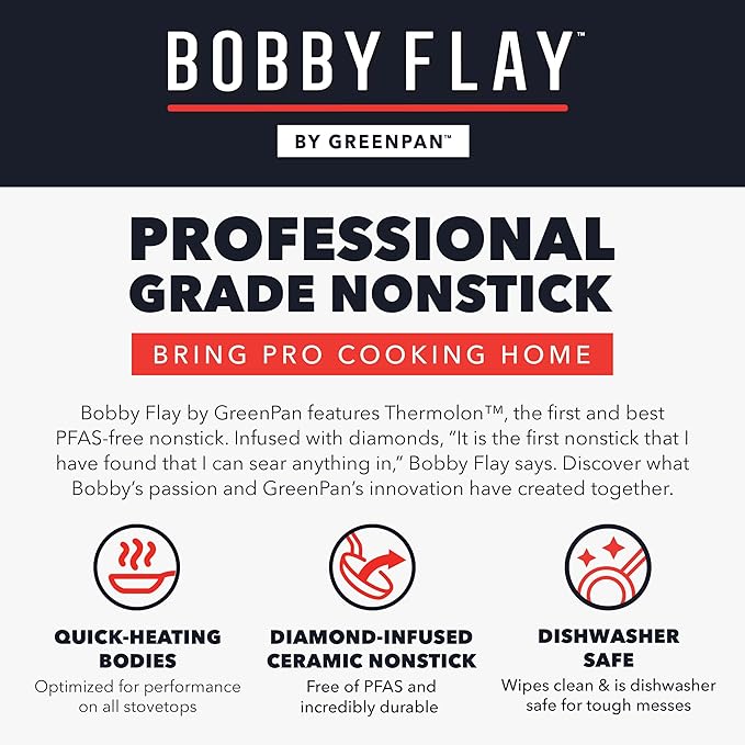 GreenPan x Bobby Flay 8" Nonstick Frying Pan Skillet, PFAS-Free Diamond Ceramic, Induction Suitable, Stay-Cool Silicone Handle, Easy Clean Dishwasher & Oven Safe, Egg & Omelet Pan, Cream