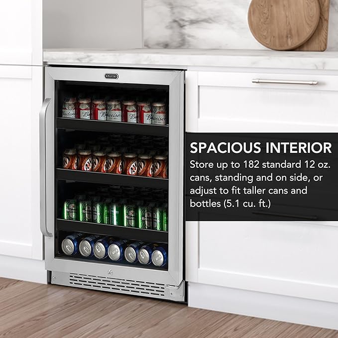 Whynter 180 BBR-148SB Built-in 182 Can Undercounter Beverage Refrigerator with Reversible Door, Digital Control and Lock, 5.1 Cubic Feet, Stainless Steel