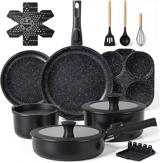 Ammeloo 21-Piece Ceramic Pots and Pans Set Non Stick with Detachable Handles and Egg Frying Pan, Non-Toxic Cookware, Induction Ready, Oven Safe, Stackable for Storage, Black Speckled