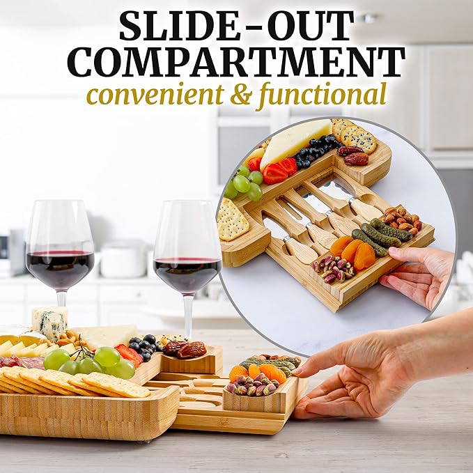 Zulay Kitchen Premium Bamboo Cheese Board Set - Extra Thick Bamboo Charcuterie Board Set with 4 Piece Knife Set - Wooden Cheese Board, Perfect for Charcuterie, Wine & Cheese - Charcuterie Gift Set