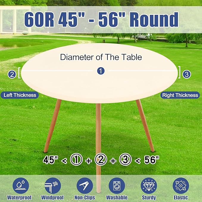 Round Spandex Tablecloth, Elastic Fitted Waterproof Tablecloths for 45"-56" Tables, Stretch Washable Picnic Table Cover for Camping, Dining, Indoor and Outdoor, Beige