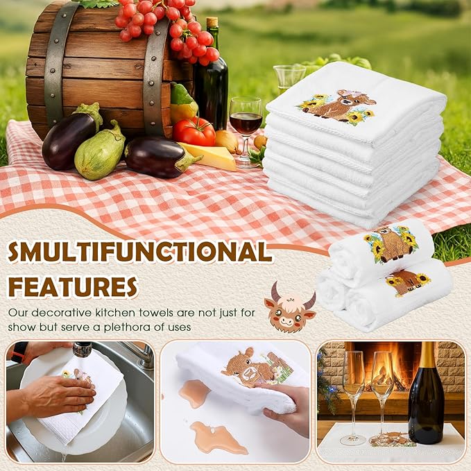 4 Pack Highland Cow Embroidered Towels with Sunflower Gifts Cotton 29.5" x 13.8" Farmhouse Country Hand Towels Absorbent Soft Kitchen Dish Cloths Bathroom Rustic Housewarming Party Decor