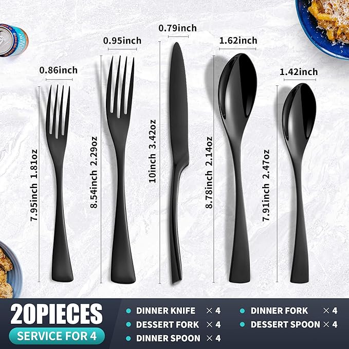 20 Pieces Black Silverware Set Service for 4,Modern 18/10 Stainless Steel Flatware Cutlery Set,Utensil Set for Home Restaurant Hotel,Mirror Polished,Dishwasher Safe