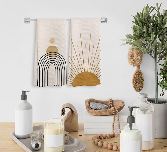 Boho Abstract Sun Sunrise Sunset Sunshine Line Rainbow Kitchen Towels and Dishcloths Sets of 2,Boho Absorbent Drying Cloth Hand Towels Tea Towels for Bathroom Kitchen,16×24 inches