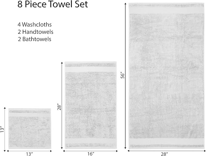 Ariv Premium Bath Towels Pack of 8, 100% Cotton, 2 Large Bath Towels, 2 Hand Towels, 4 Washcloths, Super Soft, Highly Absorbent, Quick Dry, Durable, Great Value, Perfect for Home & Bathroom - White