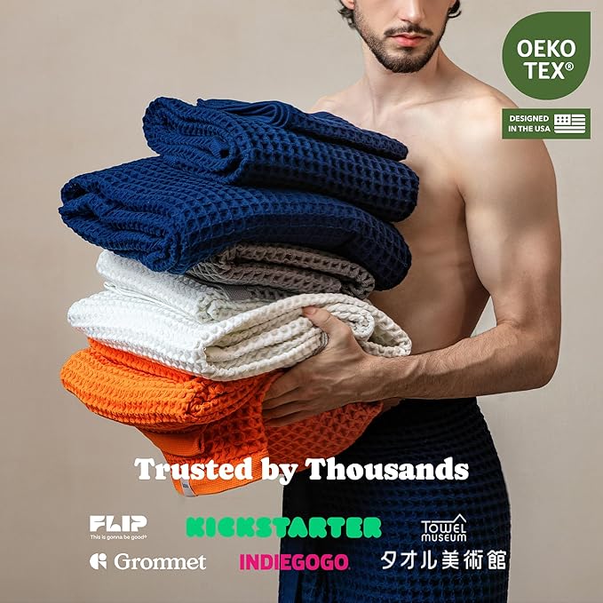 Luxury Organic Japanese Cotton Waffle Bath Towel | Thick, Absorbent, Quick Dry Bathroom Towels for Shower, Sauna, Onsen| Hotel & Spa Quality, Gift-Ready (Coral Orange, Bath Towel, 55" x 34")