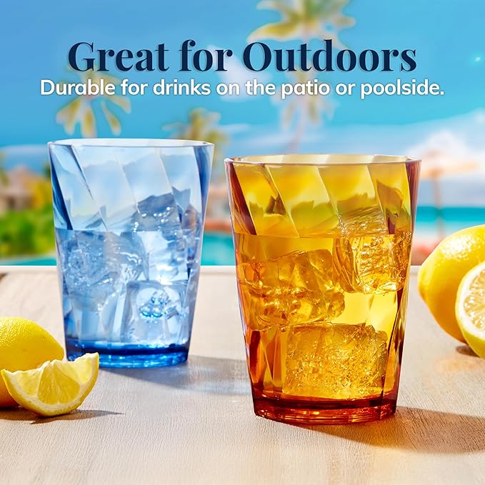 US Acrylic Optix Plastic Reusable Drinking Glasses (Set of 8) 14oz Rocks Cups in Jewel Tone Colors | BPA-Free Tumblers, Made in USA | Top-Rack Dishwasher Safe