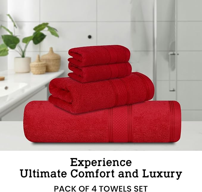 Casa Lino 4 Piece Bath Towel Set | 1 Bath Towel, 2 Wash Cloth, 1 Hand Towels | Bathroom Essentials for New Home, 100% Cotton Luxury Towels, Highly Absorbent Bathroom Set, Red