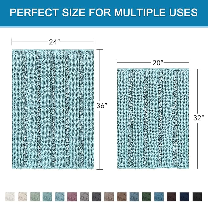 H.VERSAILTEX Bathroom Rugs Bath Mats Sets Super Absorbent Chenille Striped Bath Mats Non Skid Machine Wash Dry Rugs for Bathroom Floor Set of 2(Aqua Haze, 24 x 36 Plus 20 x 32 - Inches)