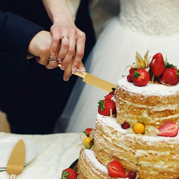 Homi styles Gold Elegant Cake Knife and Server Set, Cake Server and Knife Set of 2 with 420 Stainless Steel Plated Thick Blades, Cake Cutting Set for Wedding, Birthdays, Anniversaries, and Parties