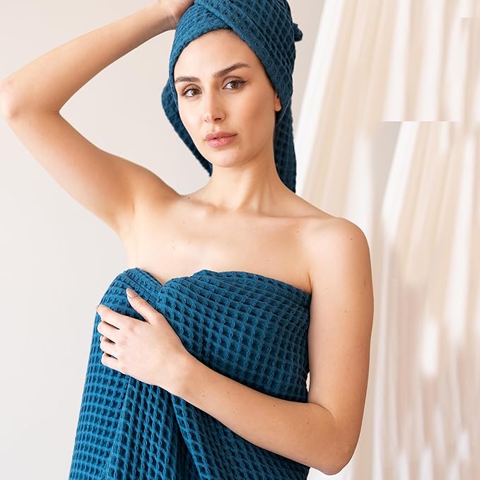 4-Piece Waffle Towels Set for Bathroom - Soft 100% Turkish Cotton Quick-Dry Lint-Free Waffle Weave Thin Bath and Hand Towels (Indigo, 2 Bath & 2 Hand Towel Set)