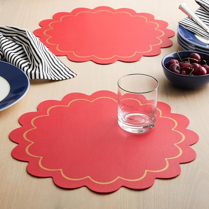 Kate Spade New York Scallop Edge Round Reversible Placemats 6-Pack Set, Imitation Leather with Metallic Print, Water Resistant, Easy Wipe Clean, Red/Gold, 15" Round