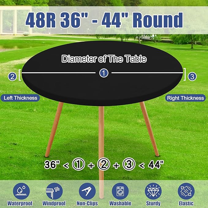 Round Spandex Tablecloth, Elastic Fitted Waterproof Tablecloths for 36"-44" Tables, Stretch Washable Picnic Table Cover for Camping, Dining, Indoor and Outdoor, Black